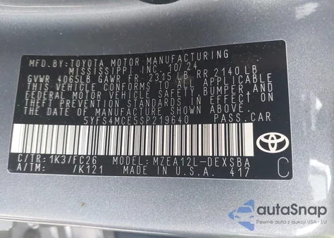2025 Toyota Corolla Se from USA, damaged, VIN 5YFS4MCE5SP219640